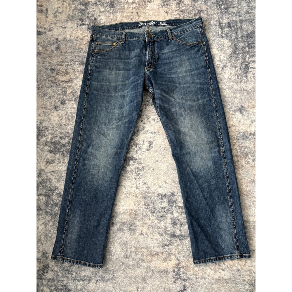 Wrangler Retro Jeans Mens fits 38x31 Blue Slim Straight Whiskered 5‎ Pocket